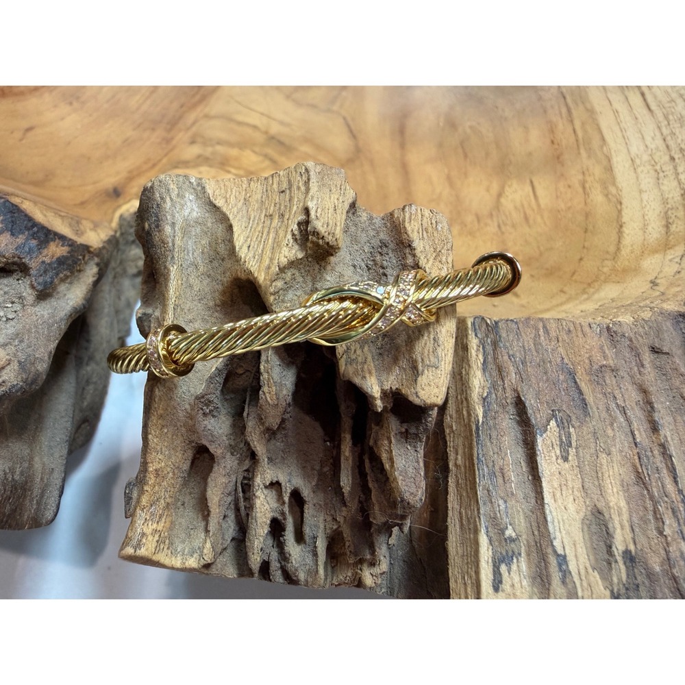Gold Twisted Cable Knot Cuff Bracelet with Pavé Crystal Accents Bangle